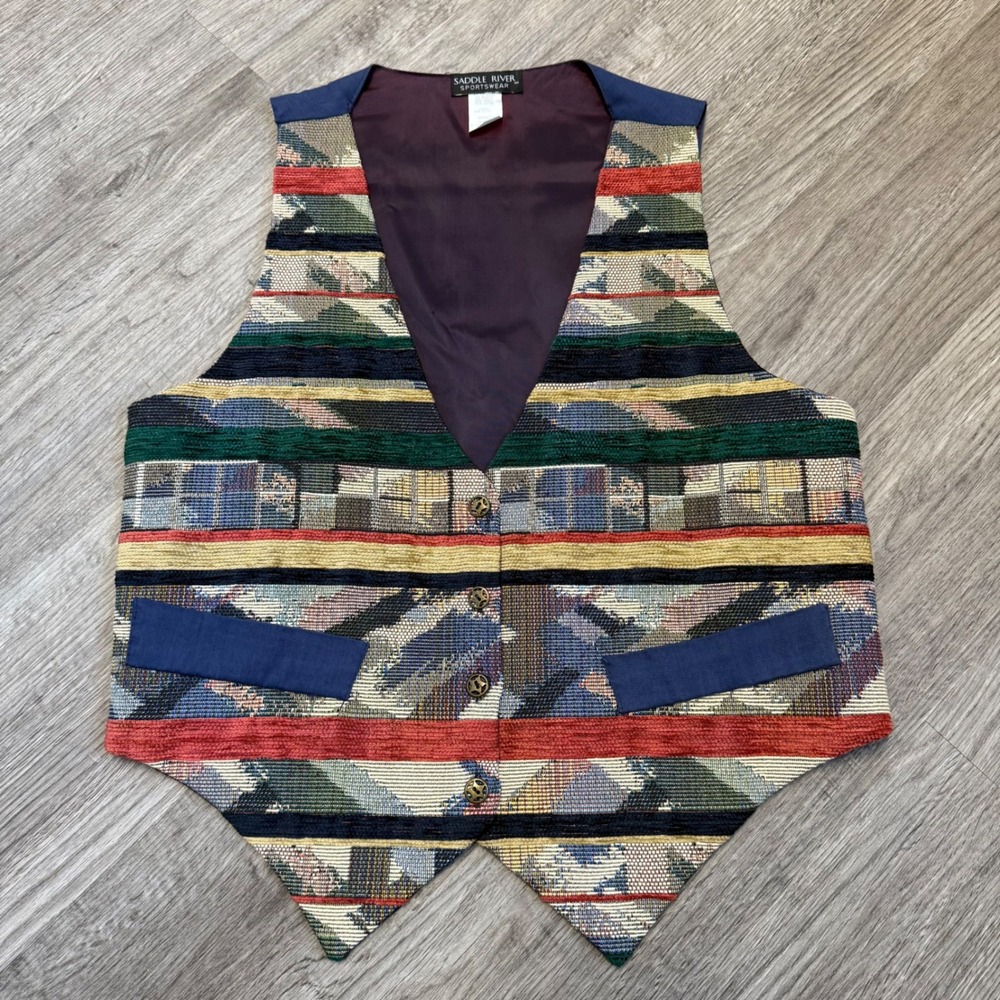 Saddle River Sportswear Vintage Tapestry Vest Women Med. Multi Color Star Button
